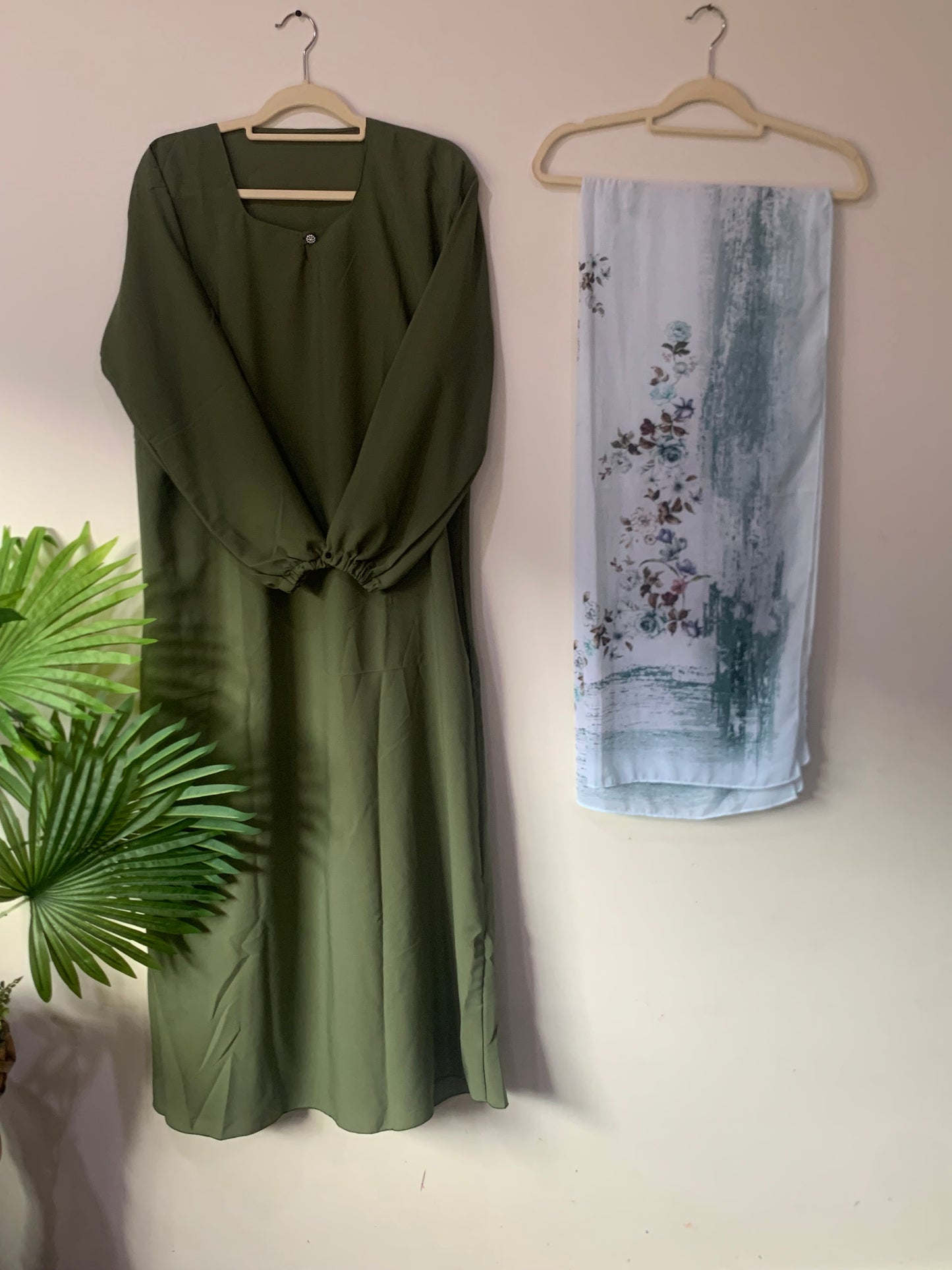 Plain Casual Abaya With Printed Scarf
