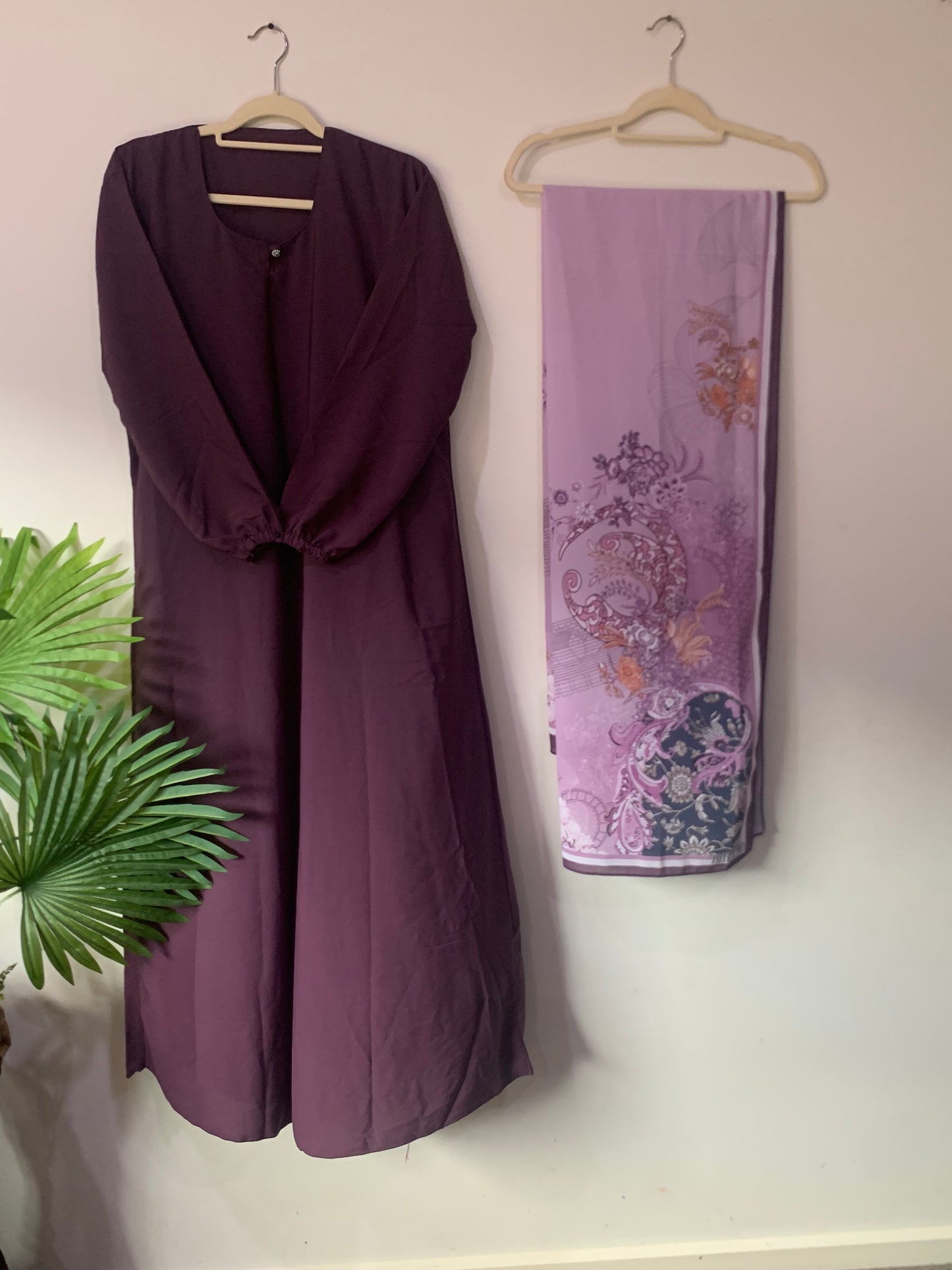 Plain Casual Abaya With Printed Scarf