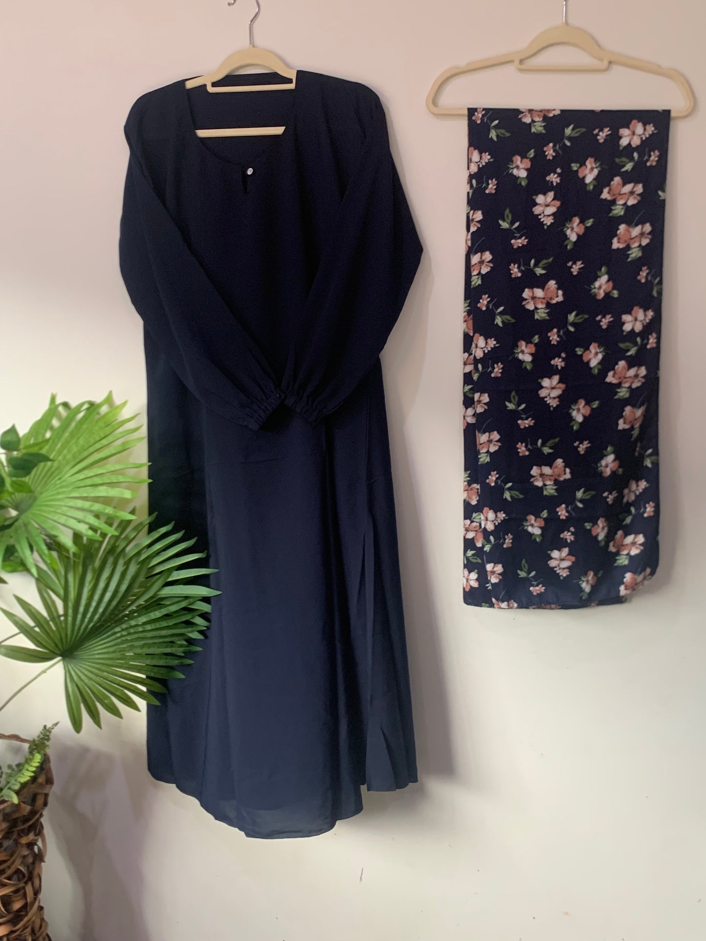 Plain Casual Abaya With Printed Scarf