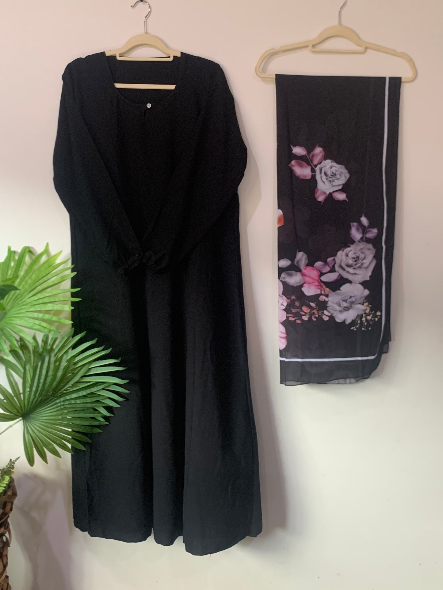Plain Casual Abaya With Printed Scarf